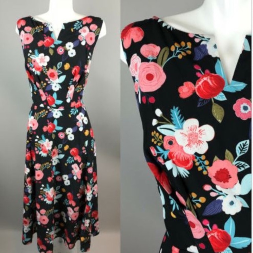 eShakti Black Floral Dress Split Neck Maxi Peony L